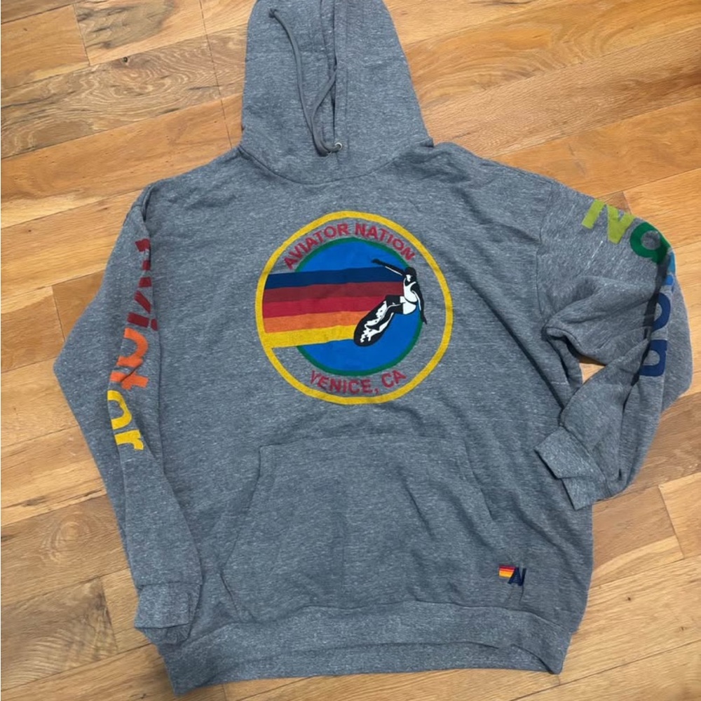 Aviator Nation Gray Hoodie with Multicolor Retro Stripe Logo